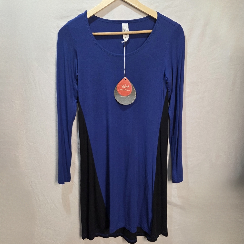 YALA Bamboo Long Sleeve Tunic Dress Colorblock Blue Black Bamboo Size Sm